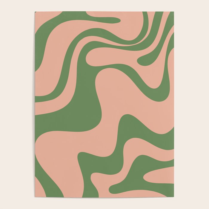 Retro Liquid Swirl Contemporary Abstract Pattern 2 in Vintage Green and Blush Pink Poster Gallery Image 1
