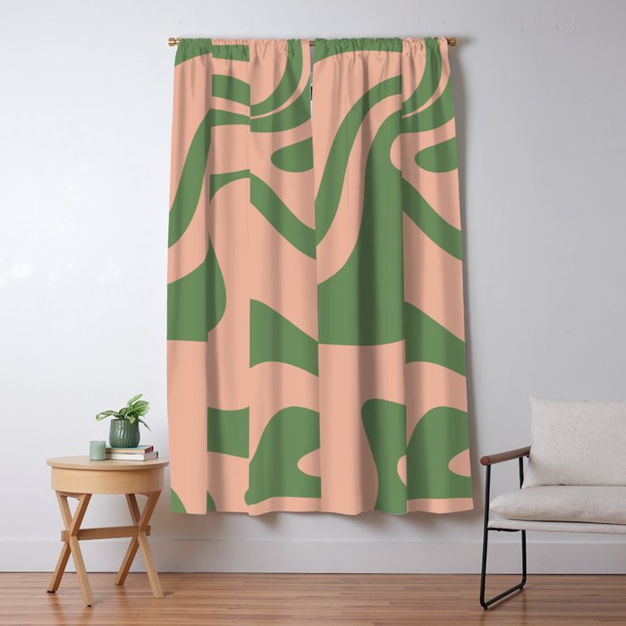 Retro Liquid Swirl Contemporary Abstract Pattern 2 in Vintage Green and Blush Pink Window Curtain Gallery Image 1