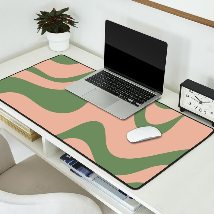 Retro Liquid Swirl Contemporary Abstract Pattern 2 in Vintage Green and Blush Pink Desk Mat Gallery Image 2