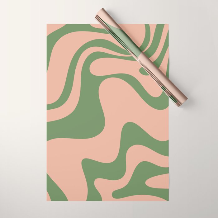 Retro Liquid Swirl Contemporary Abstract Pattern 2 in Vintage Green and Blush Pink Wrapping Paper Gallery Image 1