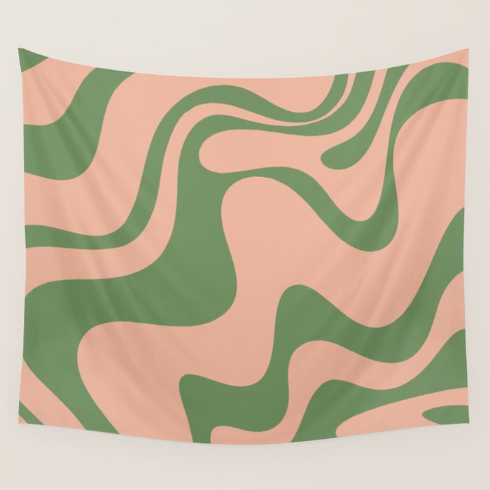 Retro Liquid Swirl Contemporary Abstract Pattern 2 in Vintage Green and Blush Pink Wall Tapestry Gallery Image 1