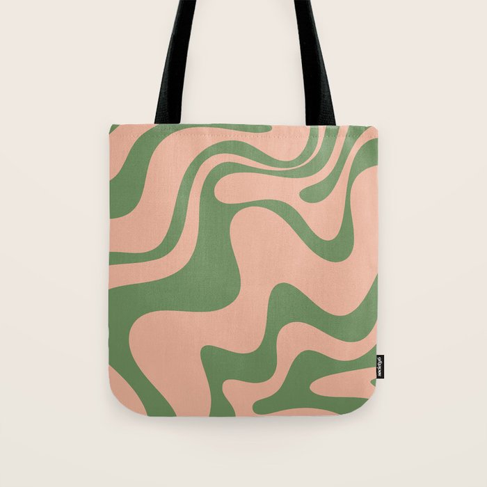Retro Liquid Swirl Contemporary Abstract Pattern 2 in Vintage Green and Blush Pink Tote Bag Gallery Image 1