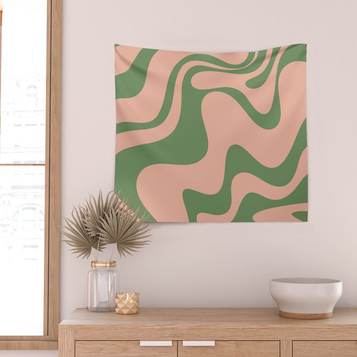 Retro Liquid Swirl Contemporary Abstract Pattern 2 in Vintage Green and Blush Pink Wall Tapestry Gallery Image 2