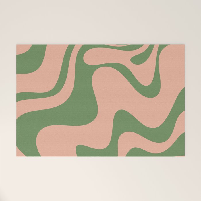 Retro Liquid Swirl Contemporary Abstract Pattern 2 in Vintage Green and Blush Pink Welcome Mat Gallery Image 1
