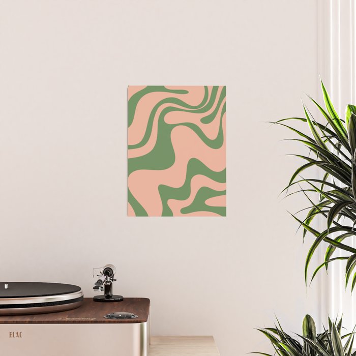 Retro Liquid Swirl Contemporary Abstract Pattern 2 in Vintage Green and Blush Pink Poster Gallery Image 2