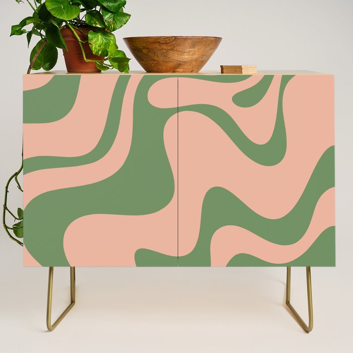 Retro Liquid Swirl Contemporary Abstract Pattern 2 in Vintage Green and Blush Pink Credenza Gallery Image 1
