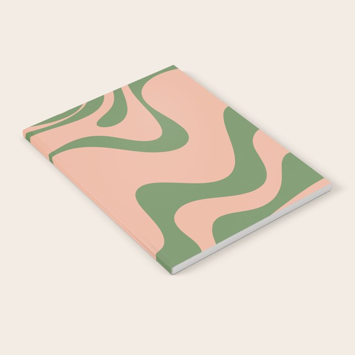 Retro Liquid Swirl Contemporary Abstract Pattern 2 in Vintage Green and Blush Pink Notebook Gallery Image 2
