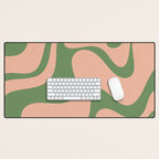 Retro Liquid Swirl Contemporary Abstract Pattern 2 in Vintage Green and Blush Pink Desk Mat Gallery Image 1