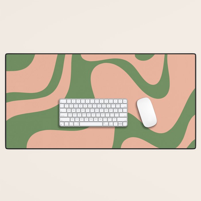 Retro Liquid Swirl Contemporary Abstract Pattern 2 in Vintage Green and Blush Pink Desk Mat Gallery Image 1