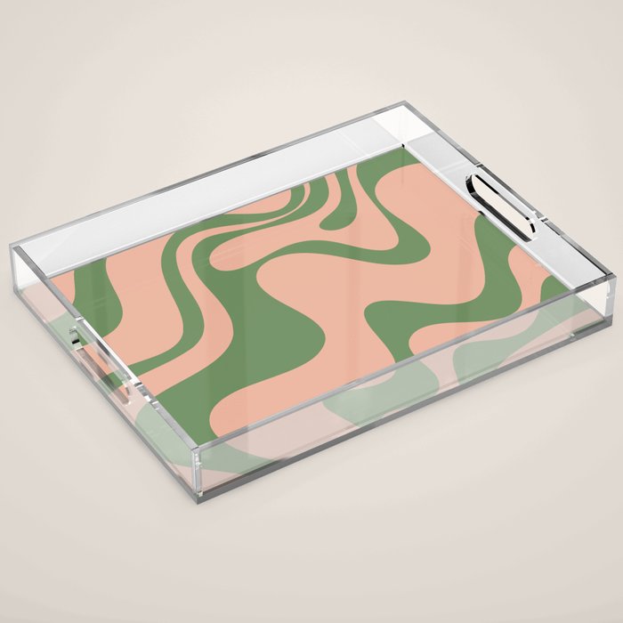 Retro Liquid Swirl Contemporary Abstract Pattern 2 in Vintage Green and Blush Pink Acrylic Tray Gallery Image 1