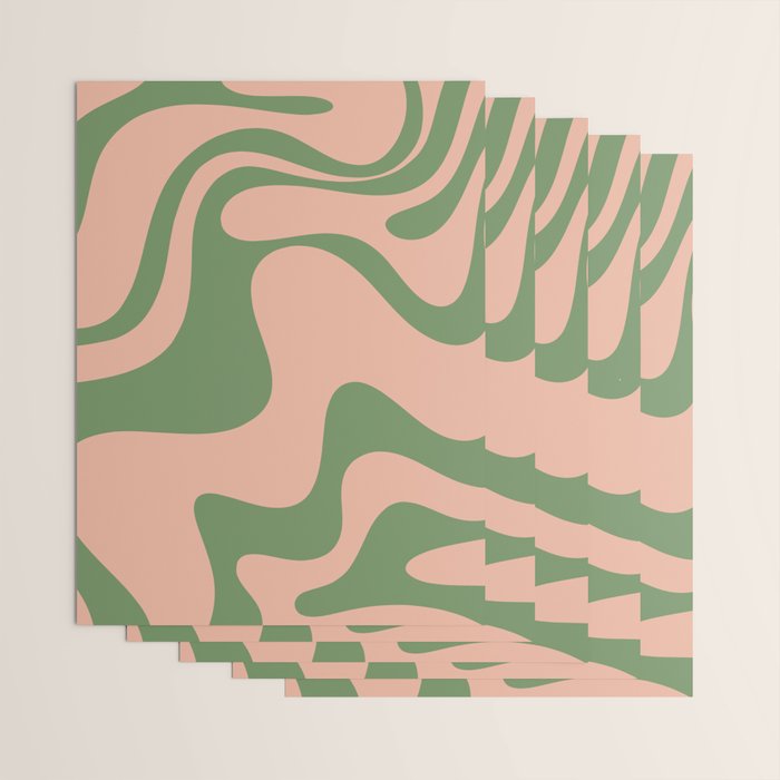 Retro Liquid Swirl Contemporary Abstract Pattern 2 in Vintage Green and Blush Pink Wrapping Paper Gallery Image 3
