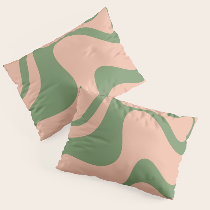 Retro Liquid Swirl Contemporary Abstract Pattern 2 in Vintage Green and Blush Pink Pillow Sham Gallery Image 1