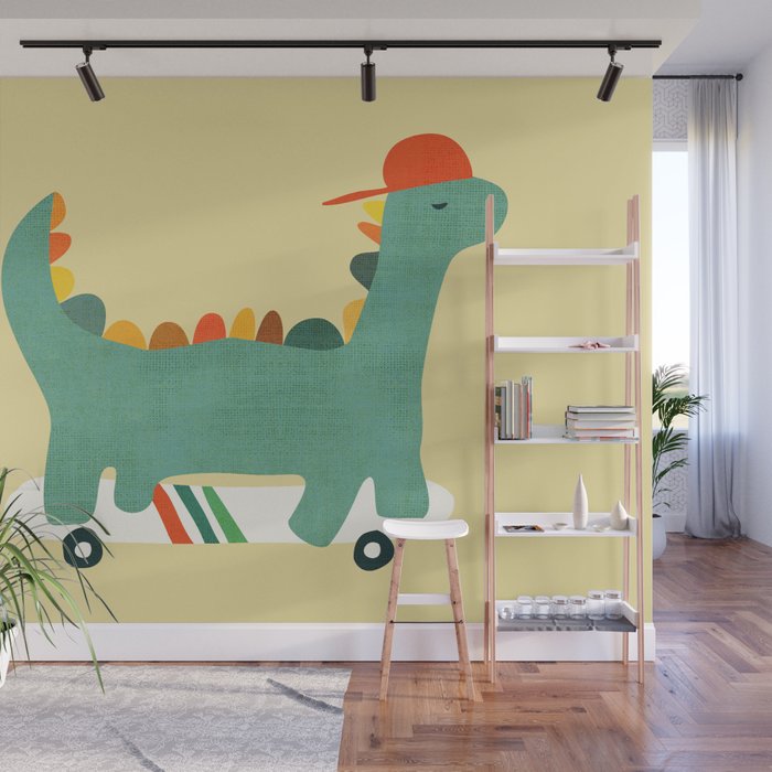 Dinosaur on retro skateboard Wall Mural Gallery Image 1