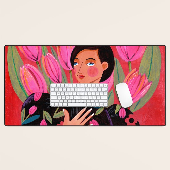 Portrait woman with tulips on red background Desk Mat Gallery Image 1