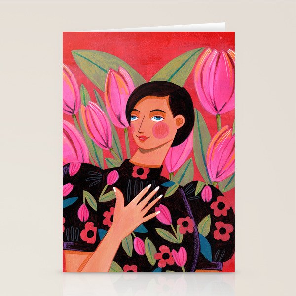 Portrait woman with tulips on red background Stationery Card Gallery Image 2
