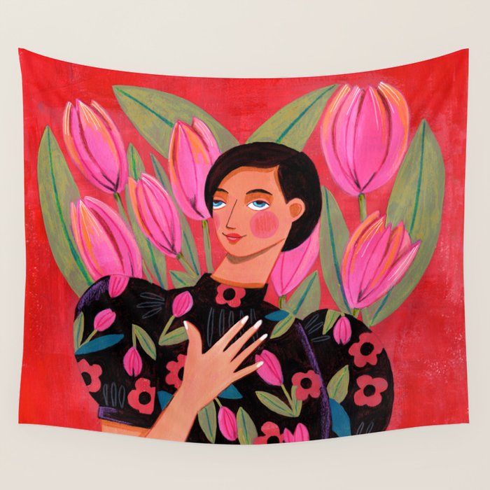 Portrait woman with tulips on red background Wall Tapestry Gallery Image 4