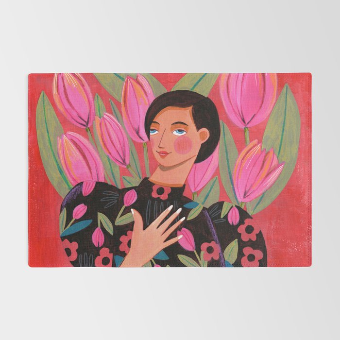 Portrait woman with tulips on red background Rug Gallery Image 2