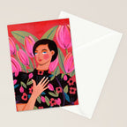 Portrait woman with tulips on red background Stationery Card Gallery Image 2
