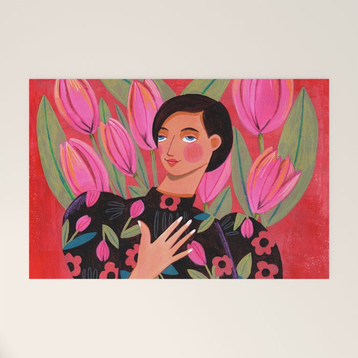 Portrait woman with tulips on red background Welcome Mat Gallery Image 1