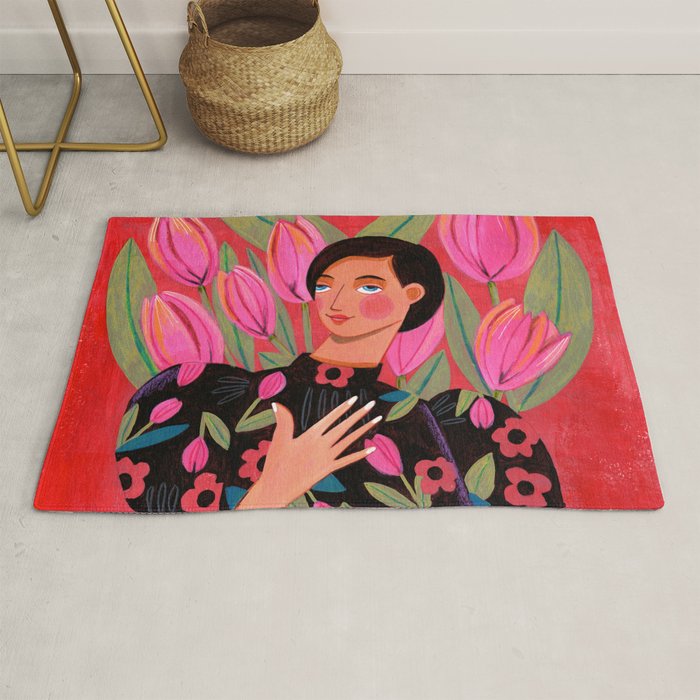Portrait woman with tulips on red background Rug Gallery Image 1