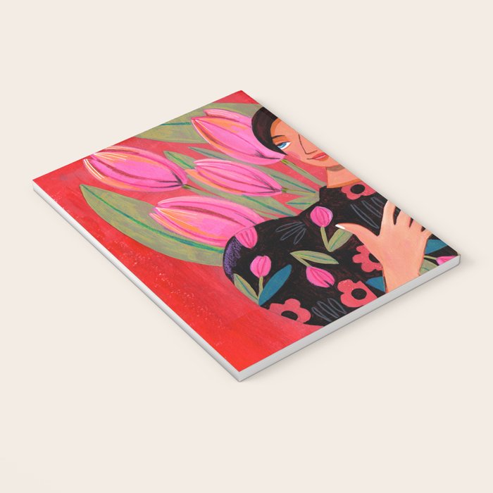 Portrait woman with tulips on red background Notebook Gallery Image 3