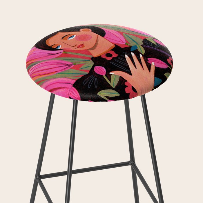 Portrait woman with tulips on red background Stool Gallery Image 2