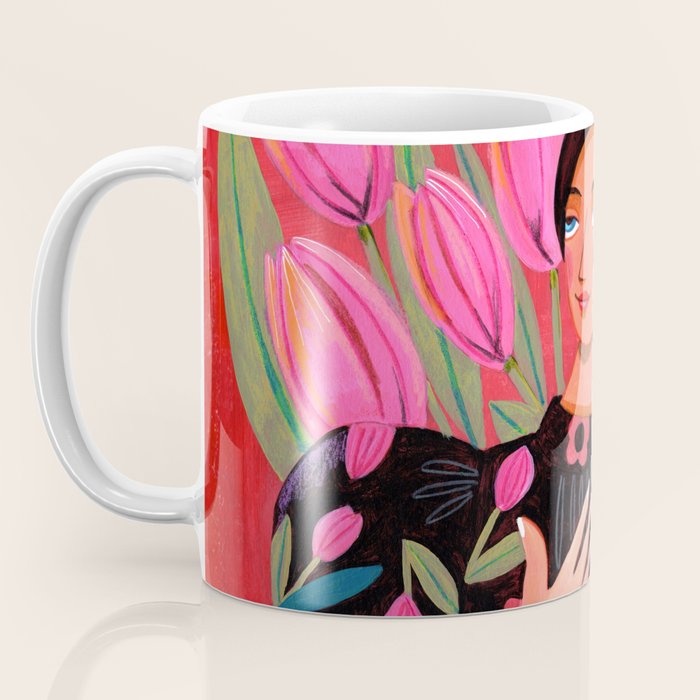 Portrait woman with tulips on red background Coffee Mug Gallery Image 3