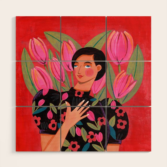 Portrait woman with tulips on red background Wood Wall Art Gallery Image 1