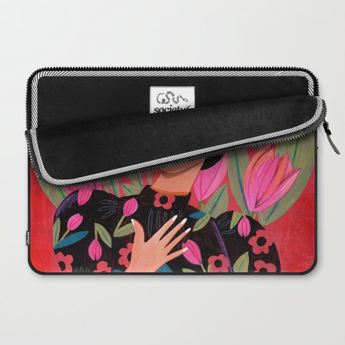 Portrait woman with tulips on red background Laptop Sleeve Gallery Image 2