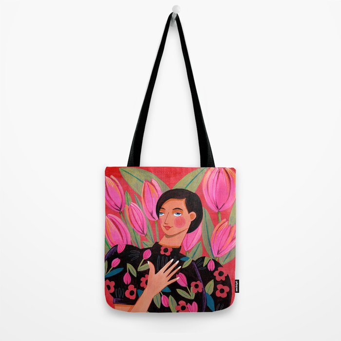 Portrait woman with tulips on red background Tote Bag Gallery Image 2