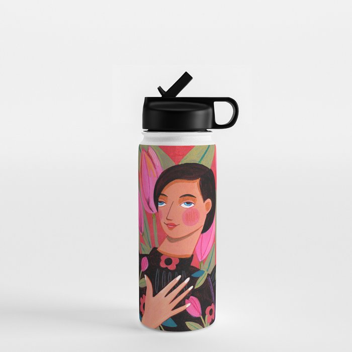 Portrait woman with tulips on red background Water Bottle Gallery Image 1
