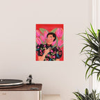 Portrait woman with tulips on red background Poster Gallery Image 2