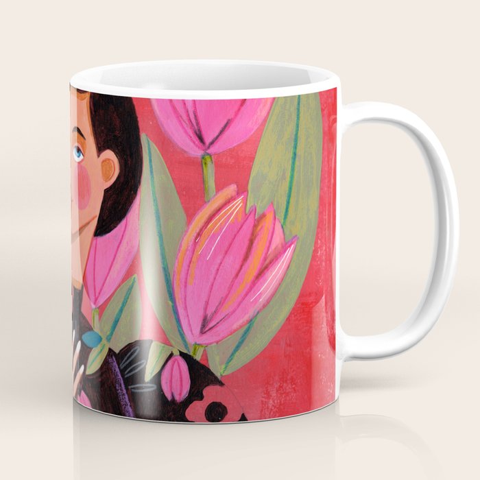 Portrait woman with tulips on red background Coffee Mug Gallery Image 1