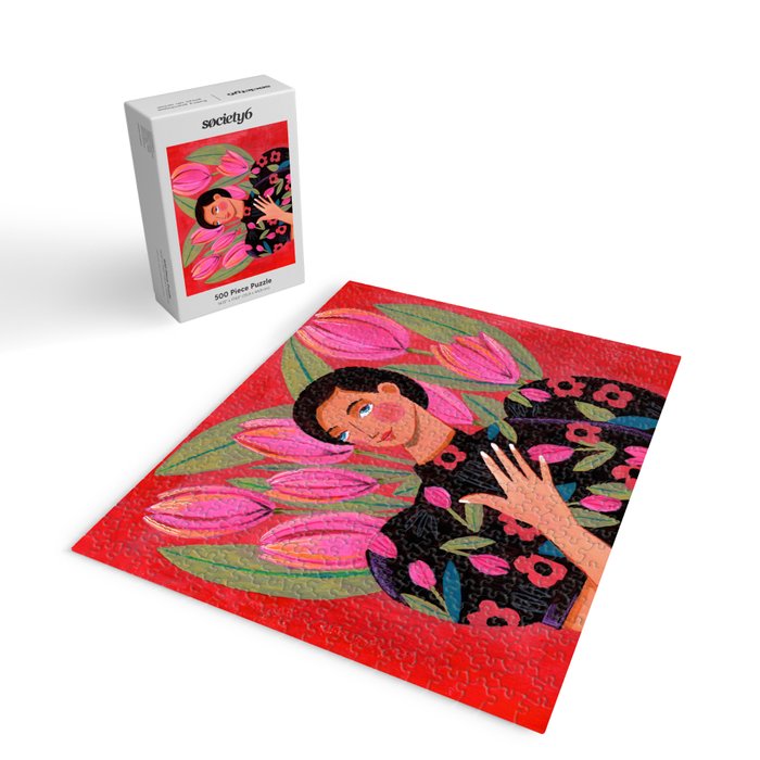 Portrait woman with tulips on red background Jigsaw Puzzle Gallery Image 2