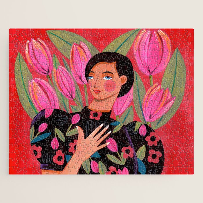 Portrait woman with tulips on red background Jigsaw Puzzle Gallery Image 1