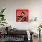 Portrait woman with tulips on red background Wood Wall Art Gallery Image 2