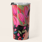 Portrait woman with tulips on red background Travel Mug Gallery Image 3