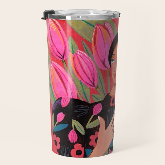Portrait woman with tulips on red background Travel Mug Gallery Image 3