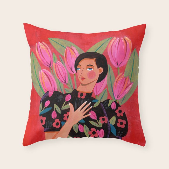 Portrait woman with tulips on red background Throw Pillow Gallery Image 1