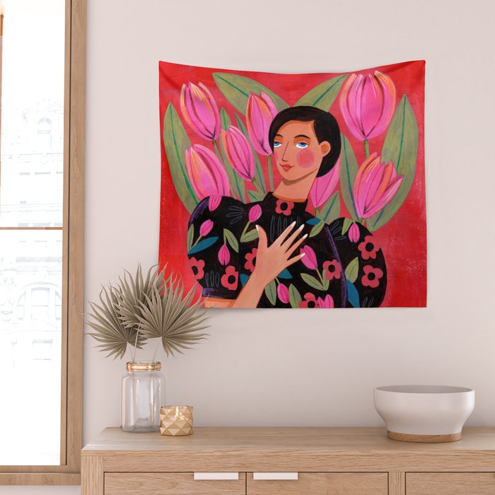 Portrait woman with tulips on red background Wall Tapestry Gallery Image 2
