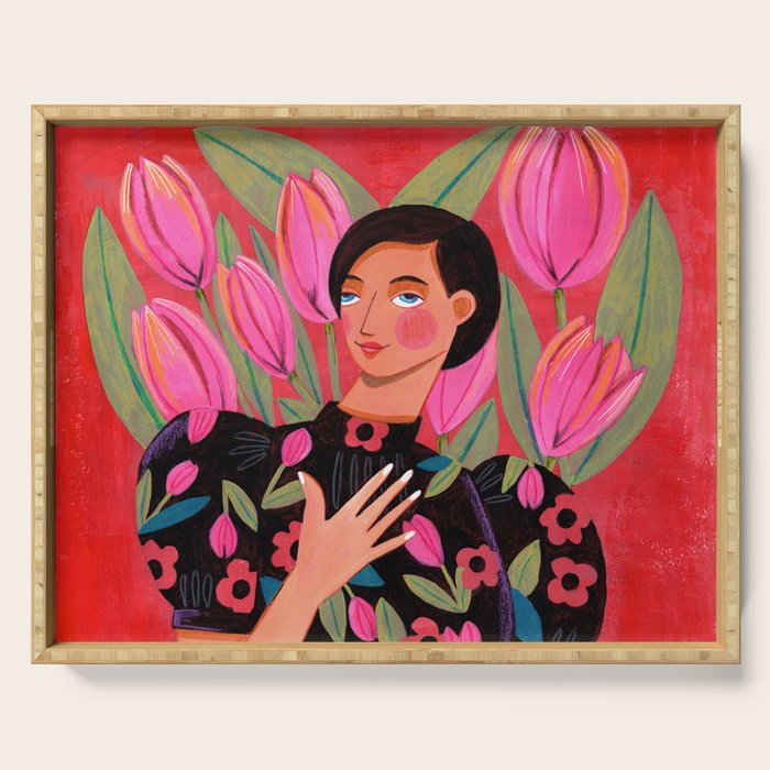 Portrait woman with tulips on red background Serving Tray Gallery Image 1