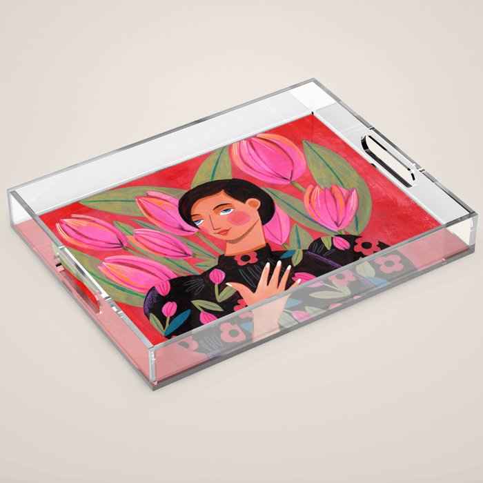 Portrait woman with tulips on red background Acrylic Tray Gallery Image 1