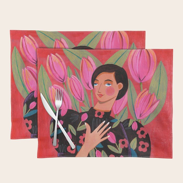 Portrait woman with tulips on red background Placemat Gallery Image 1
