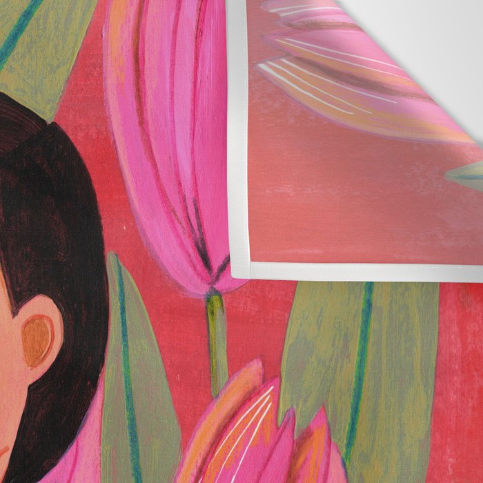 Portrait woman with tulips on red background Wall Tapestry Gallery Image 3
