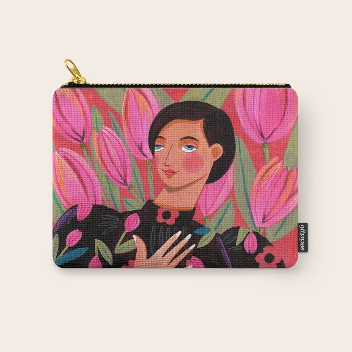 Portrait woman with tulips on red background Carry All Pouch Gallery Image 1