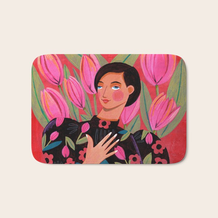 Portrait woman with tulips on red background Bath Mat Gallery Image 1