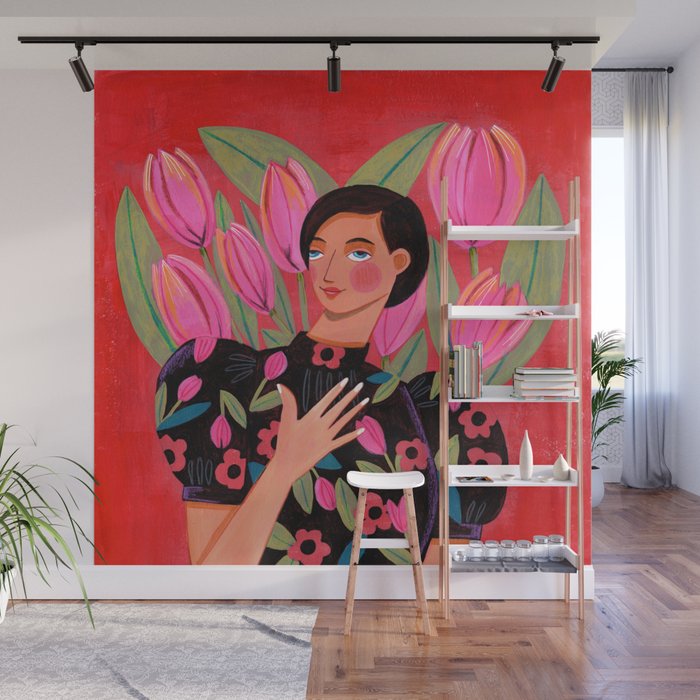 Portrait woman with tulips on red background Wall Mural Gallery Image 1
