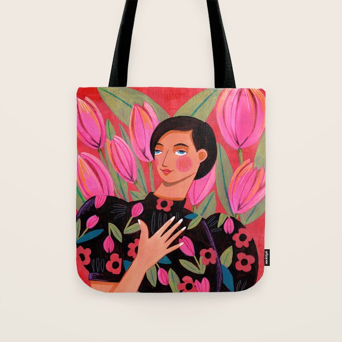 Portrait woman with tulips on red background Tote Bag Gallery Image 1