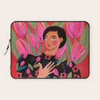 Portrait woman with tulips on red background Laptop Sleeve Gallery Image 1