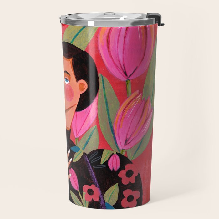 Portrait woman with tulips on red background Travel Mug Gallery Image 2
